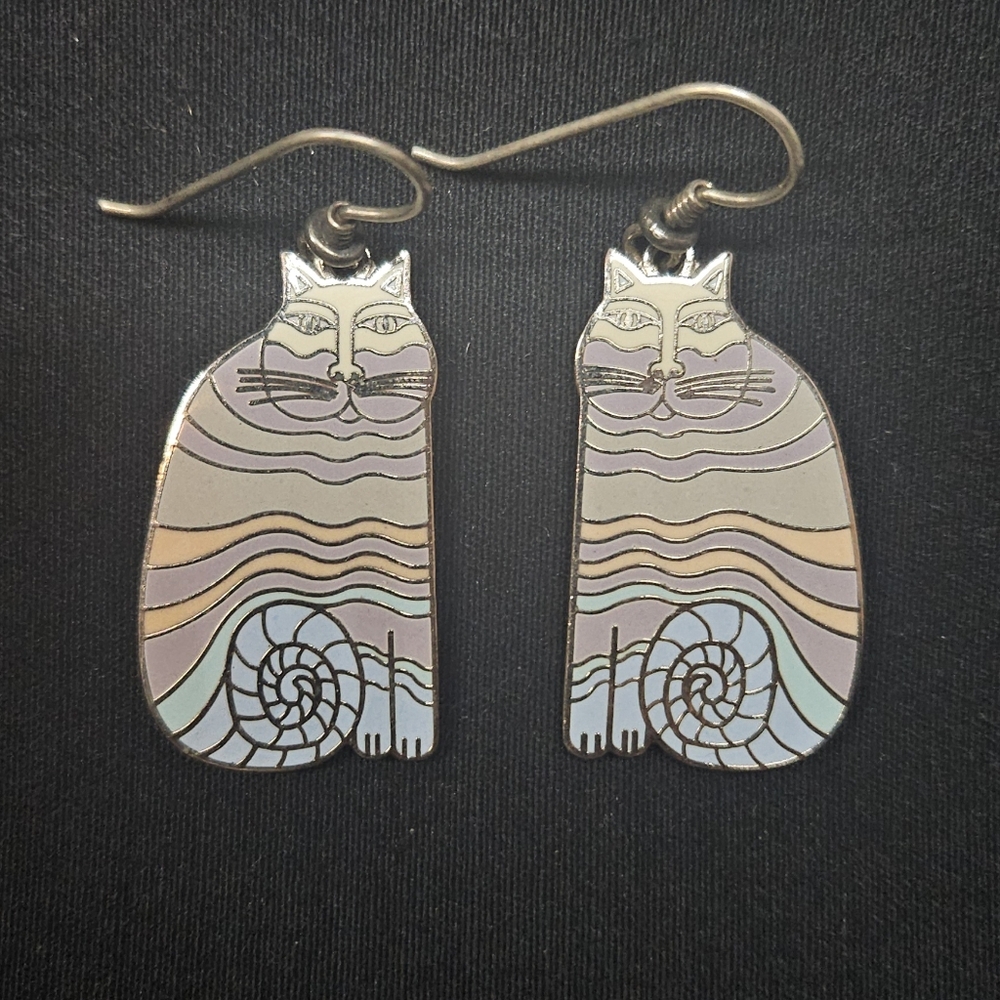 Vintage 80's Signed Laurel Burch Pastel "Rainbow Cats" Metal Enamel Earrings